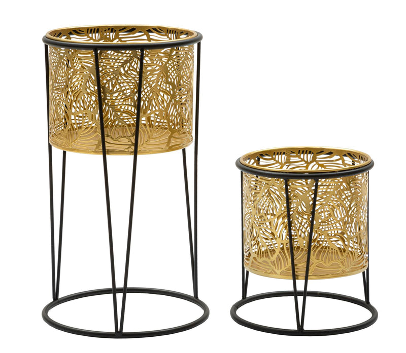 Set Suporturi Pentru Ghivece Mauro Ferretti Leavy, Set 2 Piese, Ø 21X40-19X22 cm, Auriu/Negru