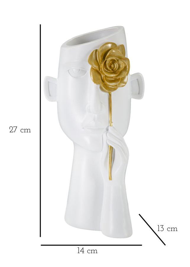 Vaza Mauro Ferretti Face C/Fiore  14X13X27 cm, Alb / Auriu
