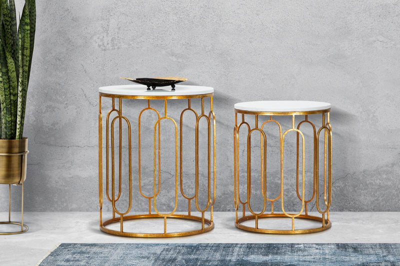 Set Masute Mauro Ferretti Tory Marble Couple, Set 2 Piese,  46X55-39X48 cm, Auriu/Alb