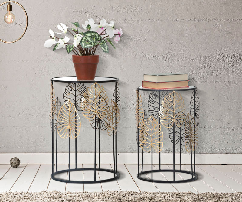 Set Masute Mauro Ferretti Foglie Glam Coppia, Set 2 Piese,  Ø 38X55-33X50 cm, Negru/ Auriu