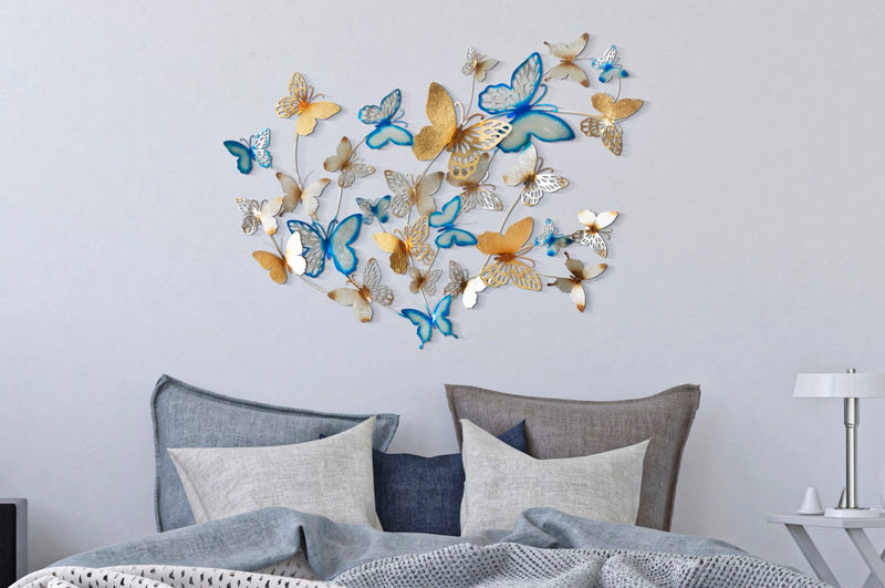 Decoratiune de Perete Mauro Ferretti Butterflies Gold/Light Blue  132X3,5X95,5 cm, Multicolor
