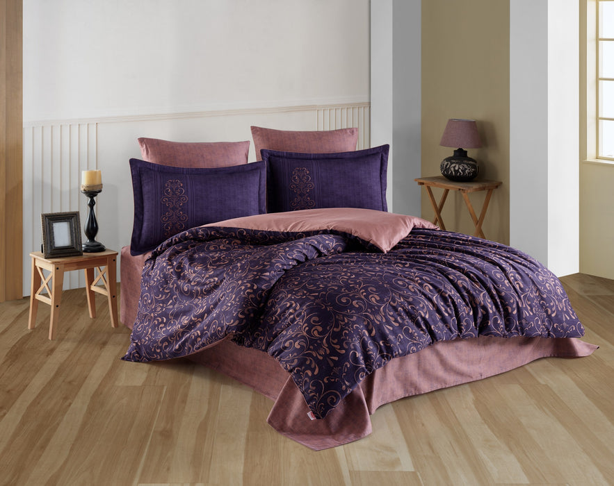 Set Lenjerie de pat Dublu, 100% Bumbac Exclusiv Satinat, 4 Piese , Gris  - Violet