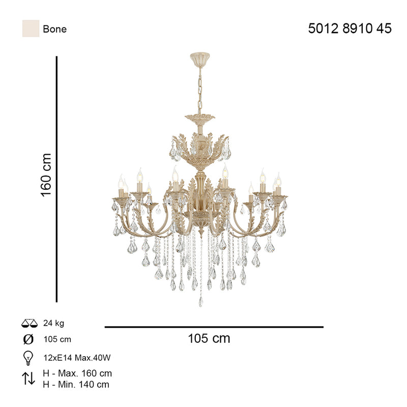 Lustra Cristal Ernesto Asi Home , 12 brate, 12xE14-40W, crem patina aurie 8910-45-12