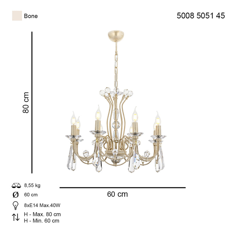 Lustra Cristal Leydi Asi Home , 8 brate, 8xE14-40W, crem patina aurie 5051-45-08