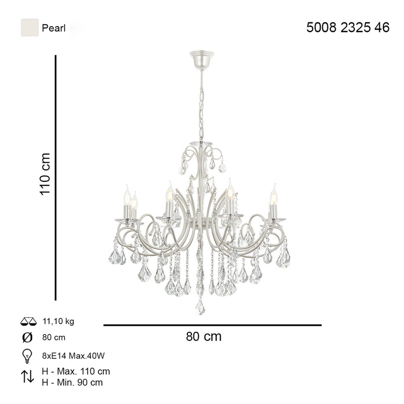 Lustra Cristal Lilya Asi Home , 8 brate, 8xE14-40W, alb sidefat 2325-46-08