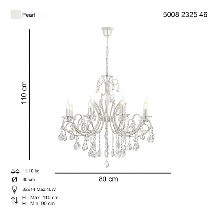 Lustra Cristal Lilya Asi Home , 8 brate, 8xE14-40W, alb sidefat 2325-46-08