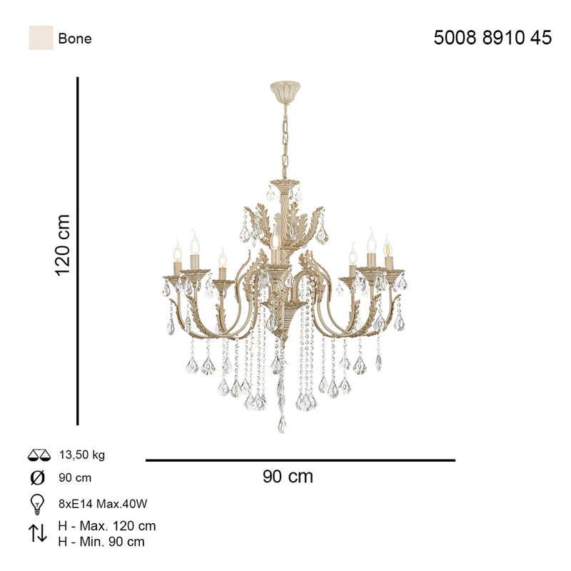 Lustra Cristal Ernesto Asi Home , 8 brate, 8xE14-40W, crem patina aurie 8910-45-08