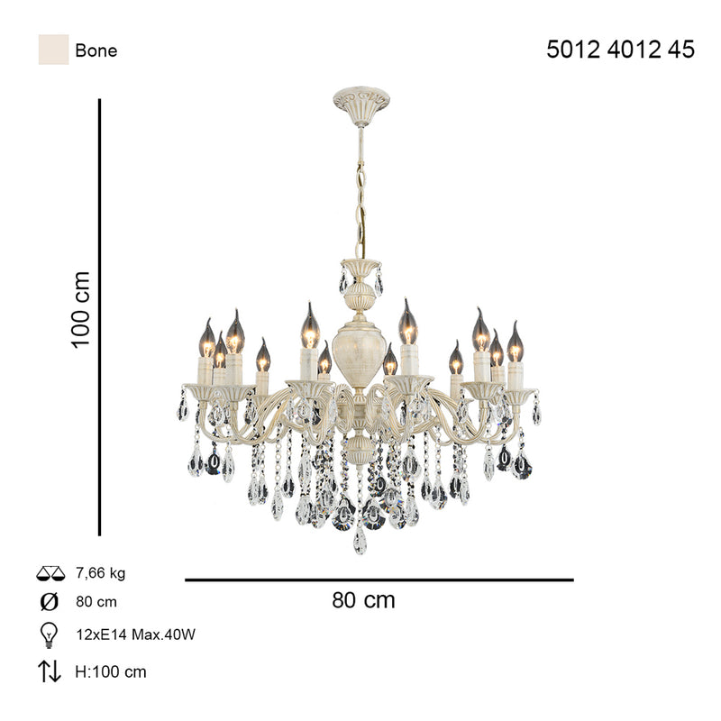 Lustra Cristal Ilyum Asi Home , 12 brate, 12xE14-40W, crem patina aurie 4012-45-12
