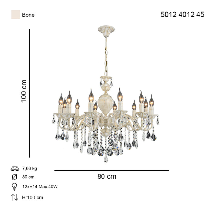 Lustra Cristal Ilyum Asi Home , 12 brate, 12xE14-40W, crem patina aurie 4012-45-12