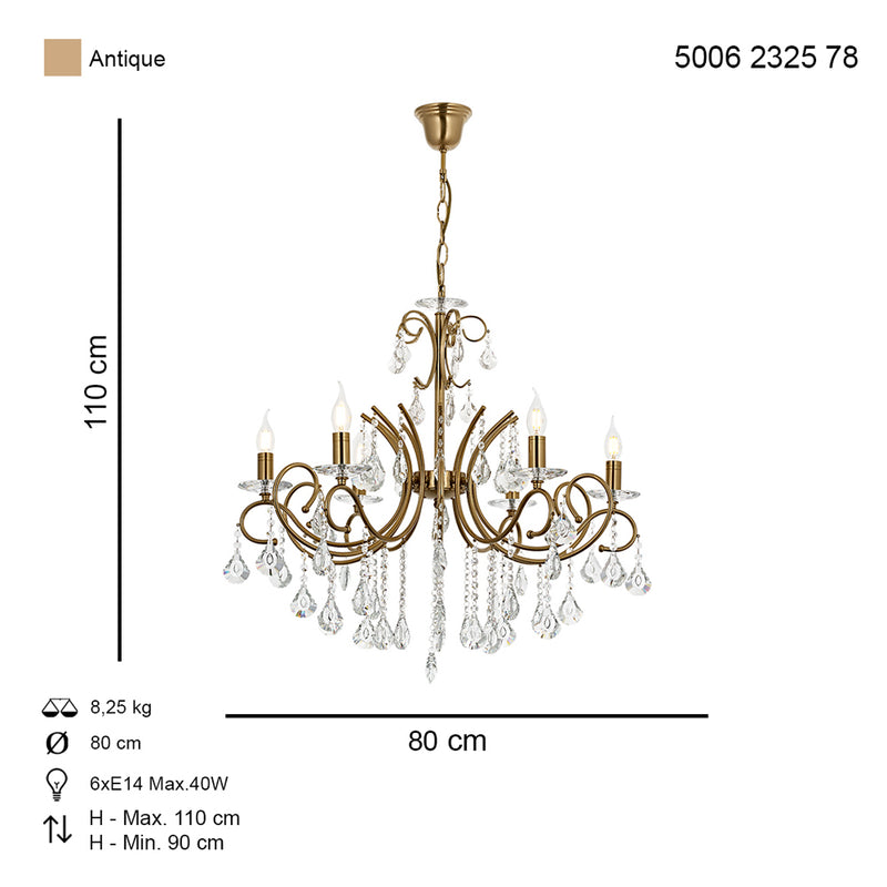 Lustra Cristal Lilya Asi Home , 6 brate, 6xE14-40W, antiq 2325-52-06