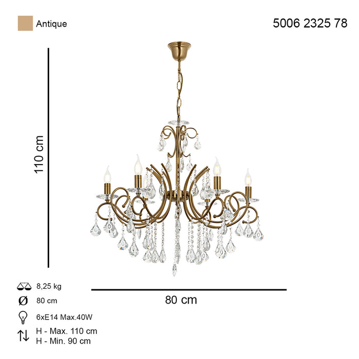 Lustra Cristal Lilya Asi Home , 6 brate, 6xE14-40W, antiq 2325-52-06