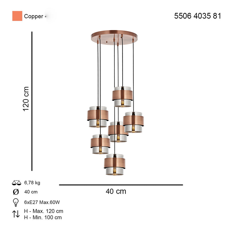 Lustra Moderna Roza Asi Home , 6 brate, 6xE27-60W, cupru 4035-81-06