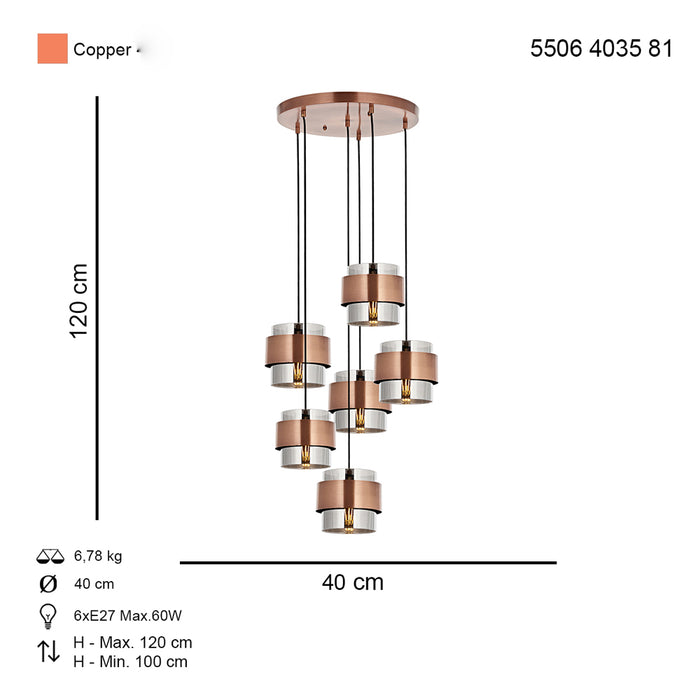 Lustra Moderna Roza Asi Home , 6 brate, 6xE27-60W, cupru 4035-81-06