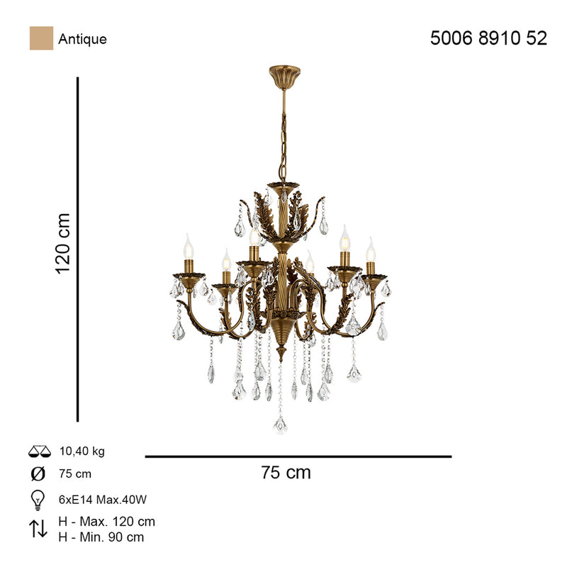 Lustra Cristal Ernesto Asi Home , 6 brate, 6xE14-40W, antiq 8910-52-06