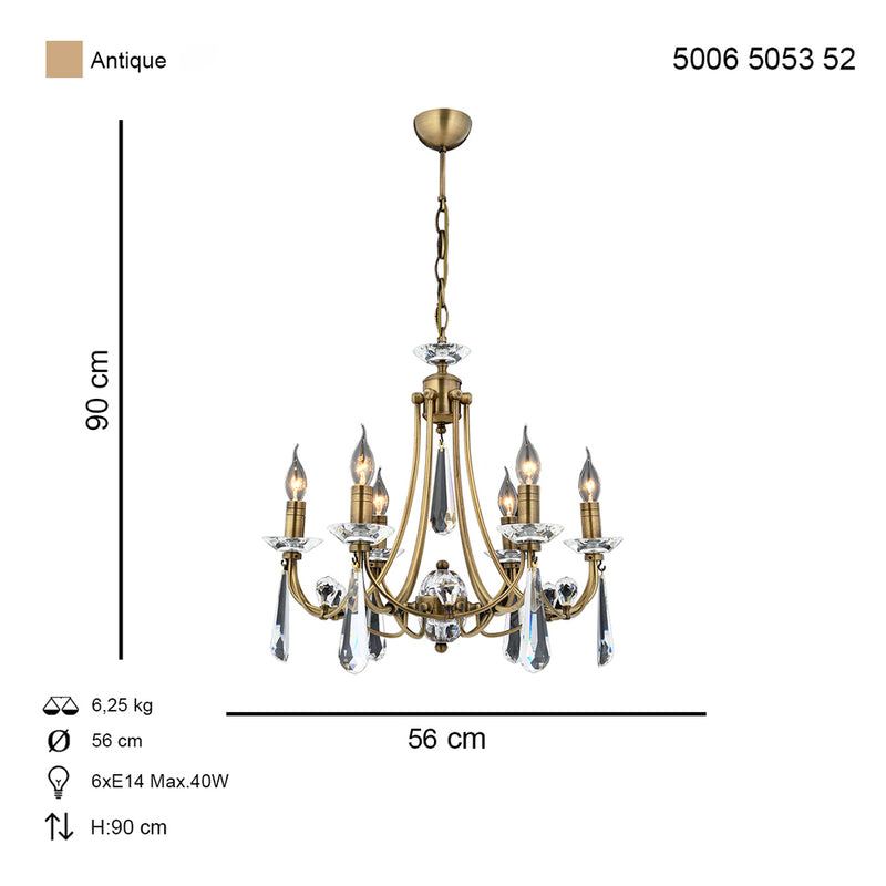 Lustra Cristal Prenses Asi Home , 6 brate, 6xE14-40W, antiq 5053-52-06