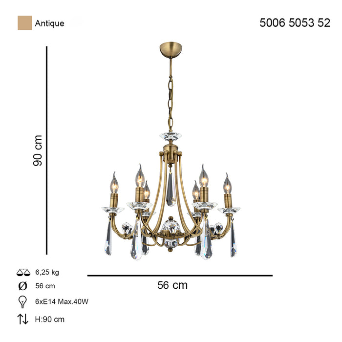 Lustra Cristal Prenses Asi Home , 6 brate, 6xE14-40W, antiq 5053-52-06