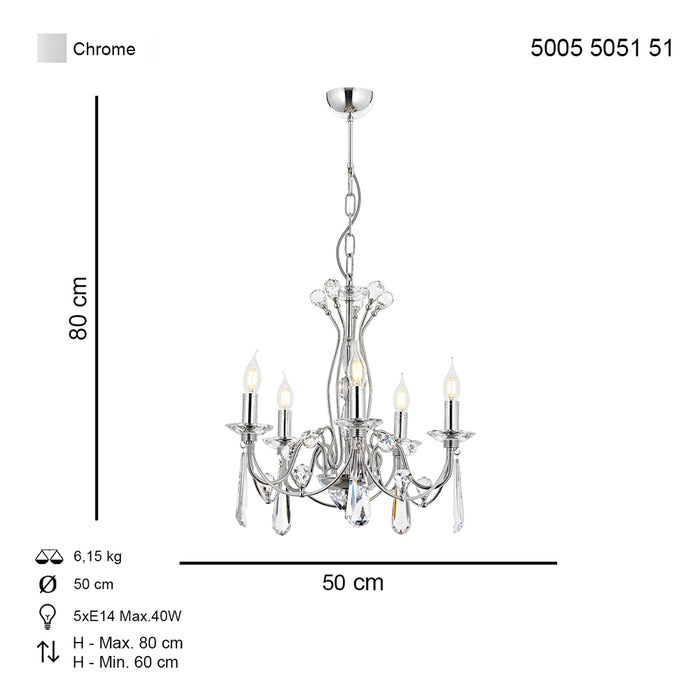 Lustra Cristal Leydi Asi Home , 5 brate, 5xE14-40W, crom 5051-51-05