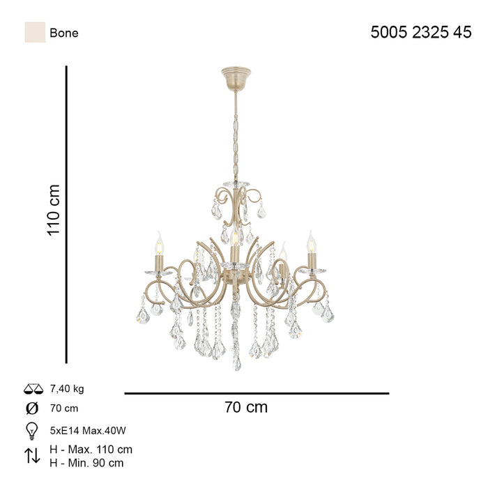 Lustra Cristal Lilya Asi Home , 5 brate, 5xE14-40W, crem patina aurie 2325-45-05