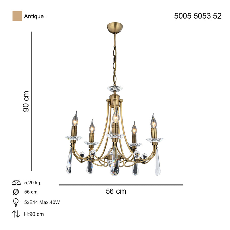 Lustra Cristal Prenses Asi Home , 5 brate, 5xE14-40W, antiq 5053-52-05