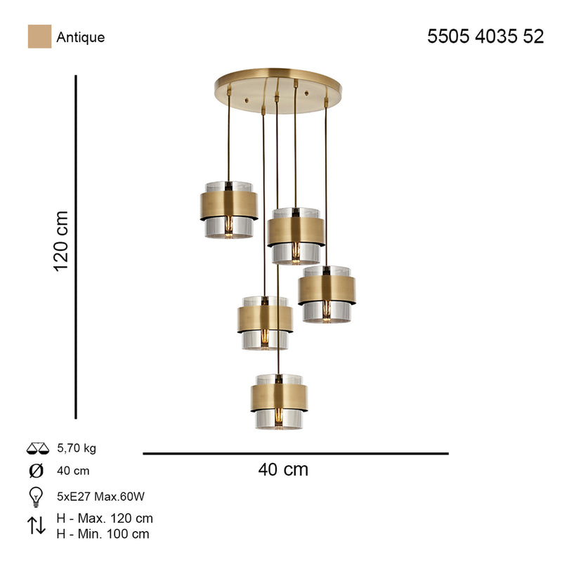 Lustra Moderna Roza Asi Home , 5 brate, 5xE27-60W, antiq 4035-52-05