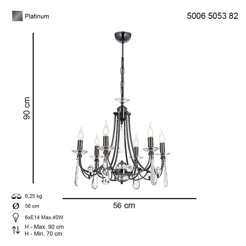 Lustra Cristal Prenses Asi Home , 6 brate, 6xE14-40W, fume 5053-82-06
