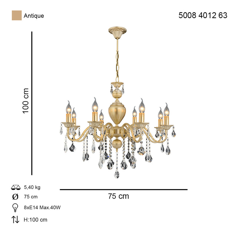Lustra Cristal Ilyum Asi Home , 8 brate, 8xE14-40W, antiq 4012-52-08