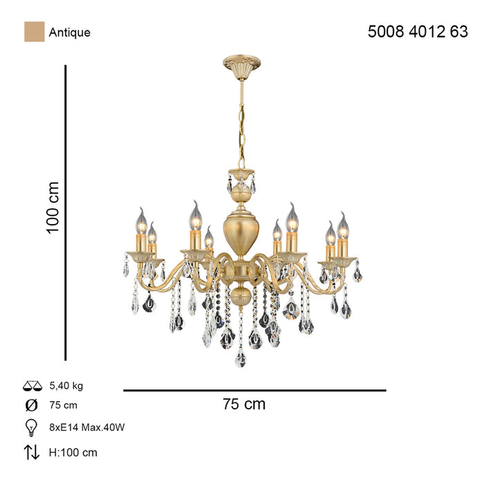 Lustra Cristal Ilyum Asi Home , 8 brate, 8xE14-40W, antiq 4012-52-08