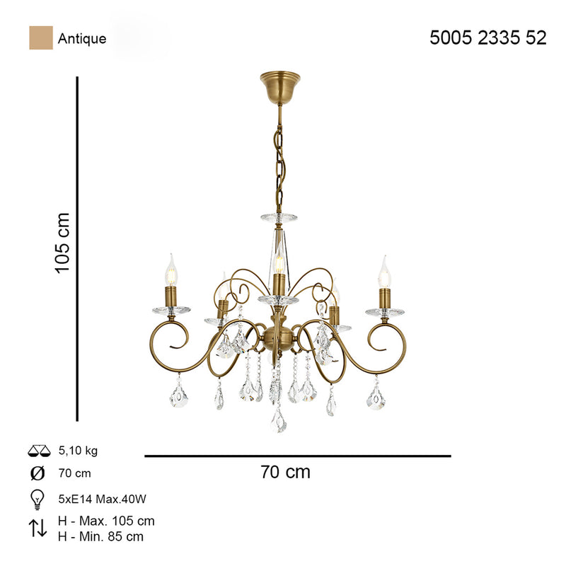 Lustra Moderna Reka Asi Home , 5 brate, 5xE14-40W, antiq 2335-52-05