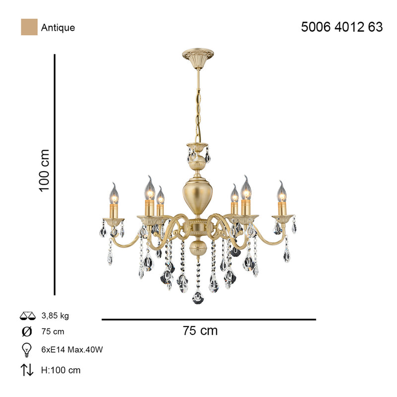Lustra Cristal Ilyum Asi Home , 6 brate, 6xE14-40W, antiq 4012-52-06