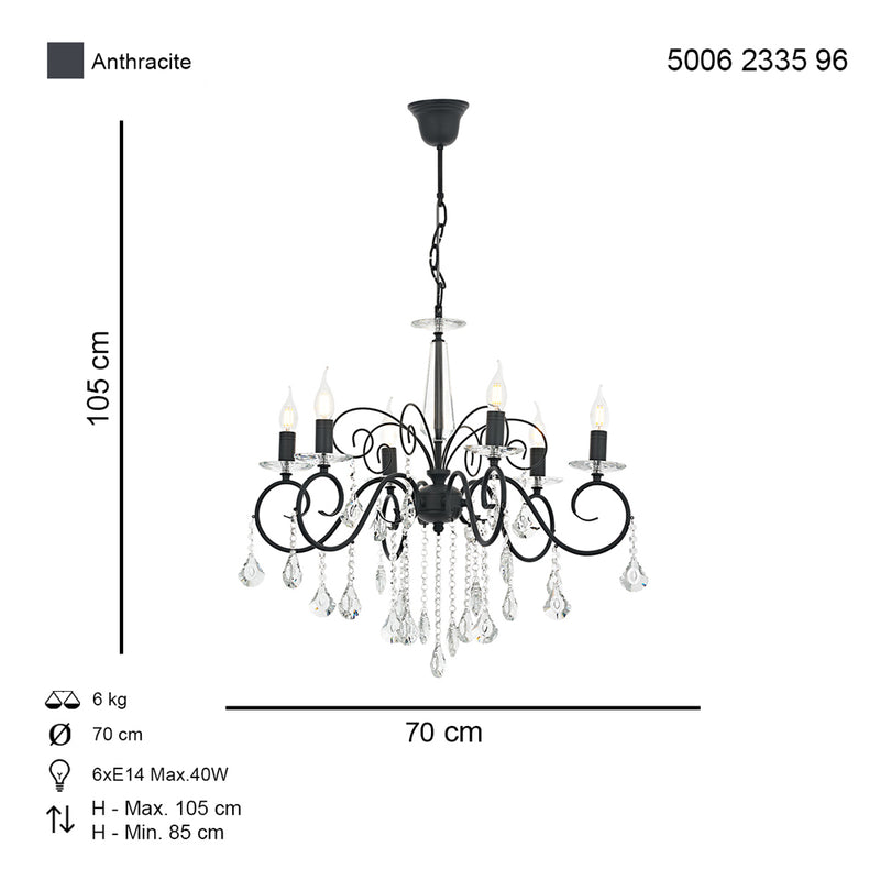 Lustra Moderna Reka Asi Home , 6 brate, 6xE14-40W, antracit 2335-96-06