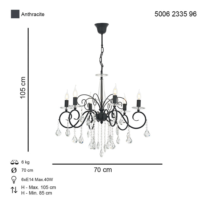 Lustra Moderna Reka Asi Home , 6 brate, 6xE14-40W, antracit 2335-96-06