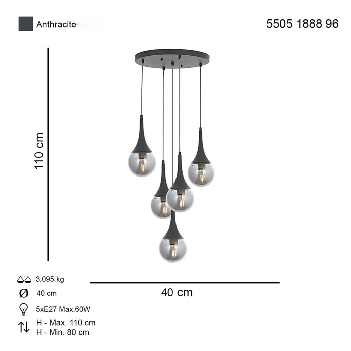 Lustra Moderna Berna Asi Home , 5xE27-60W, antracit 1888-96-05