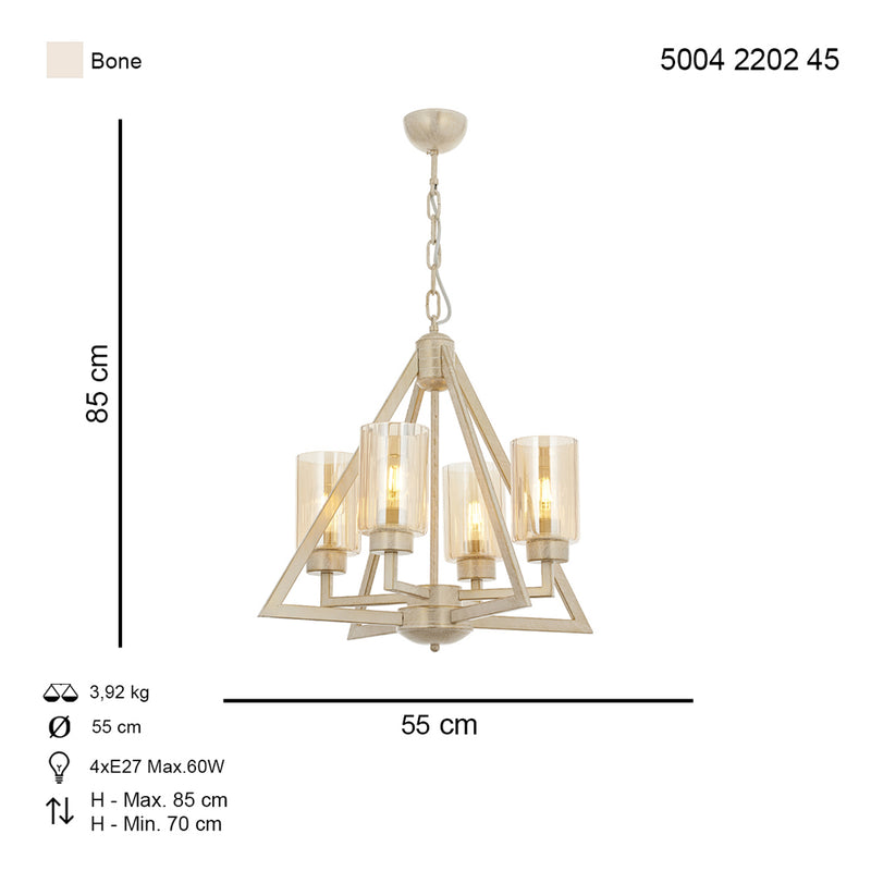 Lustra Moderna Prizma Asi Home , 4 brate, 4xE27-60W, crem patina aurie 2202-45-04