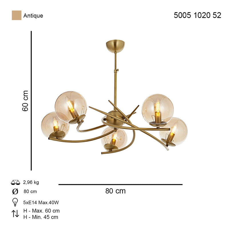 Lustra Moderna Zulay Asi Home  5 brate, 5xE14-40W, antiq 1020-52-05