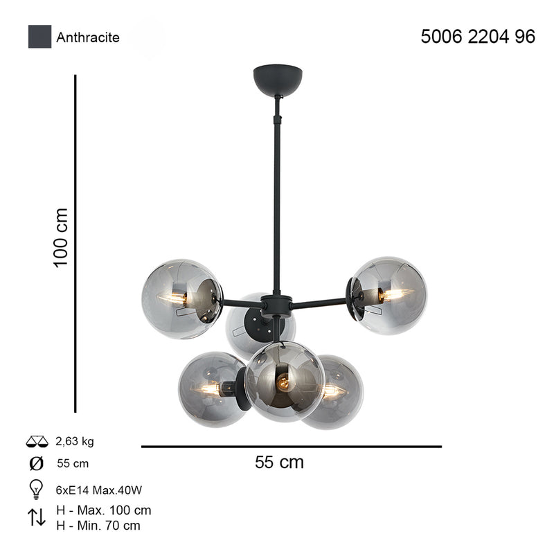 Lustra Moderna Kost Asi Home  6 brate, 6xE14-40W, antracit 2204-96-06