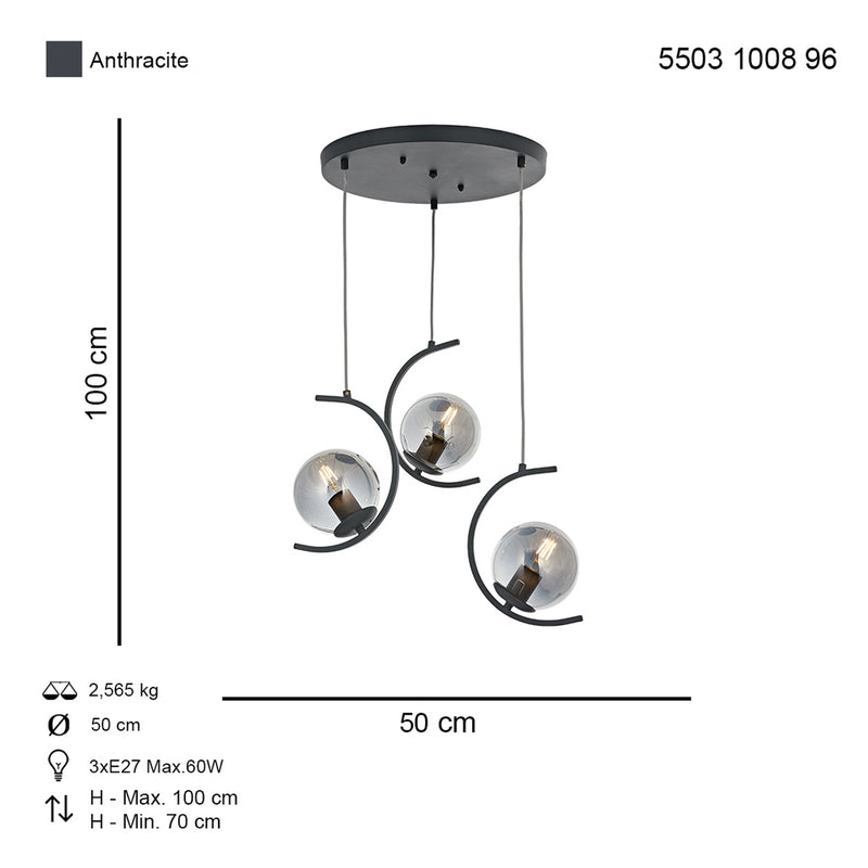 Lustra Moderna Zafra Asi Home , 3 brate, 3xE27-60W, antracit 1008-96-03