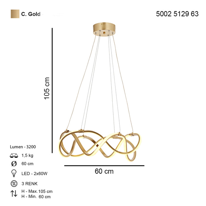 Lustra LED Burgaz Asi Home, LED 2XLED 60W, auriu mat, switch lumina calda si lumina rece 5129-63-02L