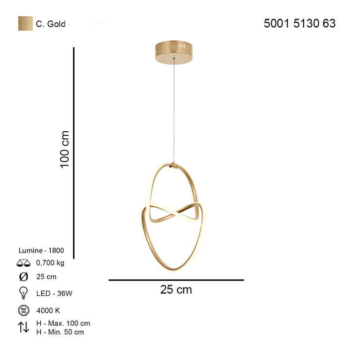 Lustra LED Muzik Asi Home, LED 1xLED-36W, auriu mat, lumina naturala 5130-63-01L