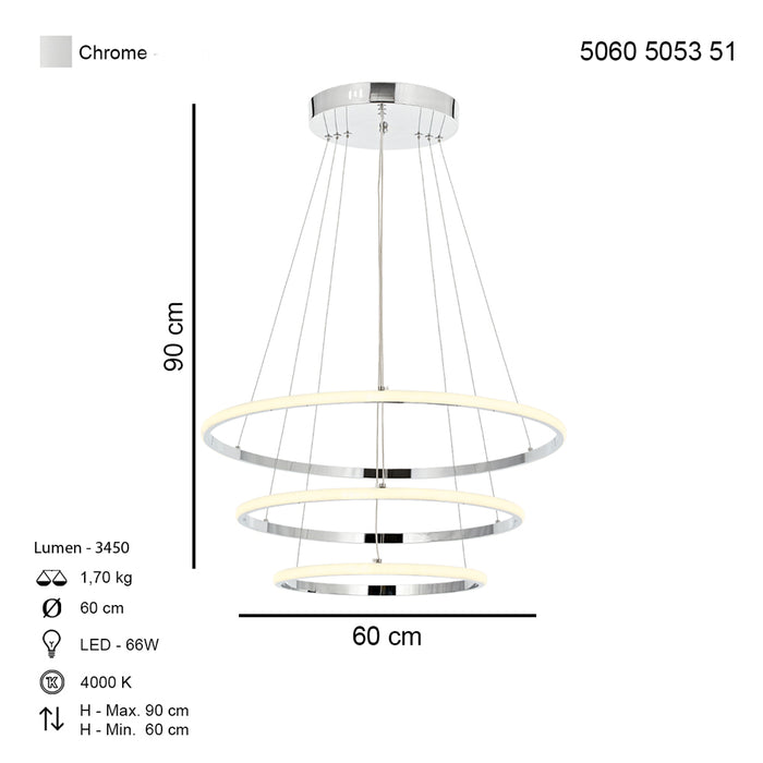 Lustra LED Lund Asi Home, LED 60 CM 3xLED-66W, crom 5054-51-60L