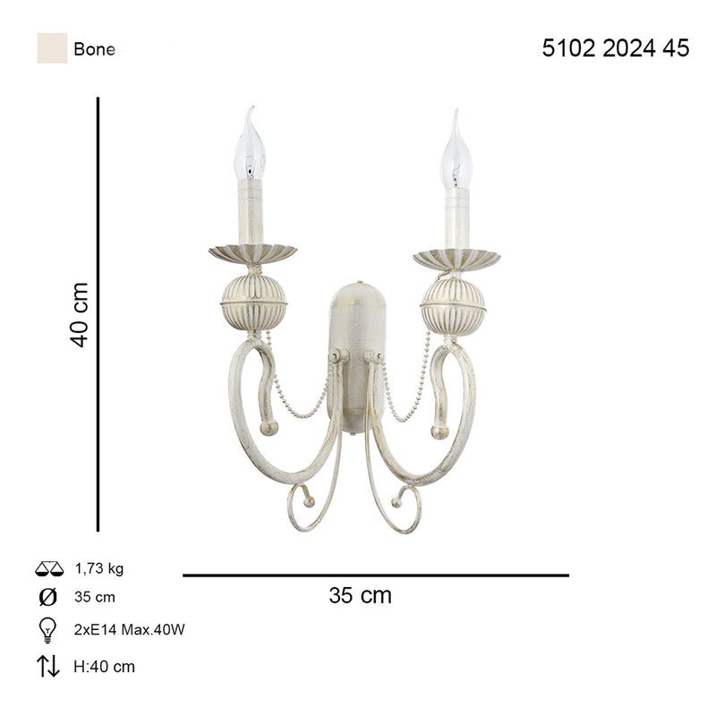 Aplica Perete Kasgar Asi Home, 2xE14-40W Crem Patina Aurie 2024-45-29