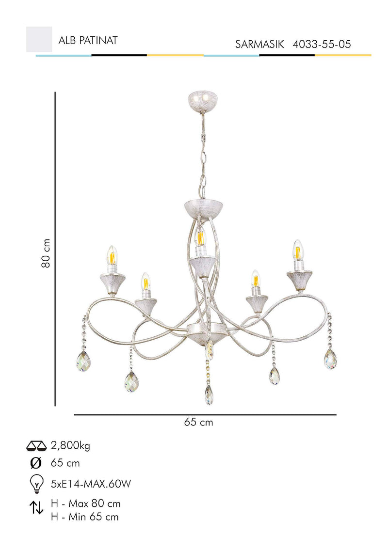 Lustra Moderna SarmAsi Home k Asi Home , 5xE14-60 W, Alb Patinat