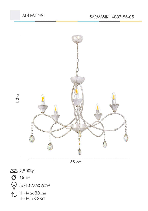 Lustra Moderna SarmAsi Home k Asi Home , 5xE14-60 W, Alb Patinat
