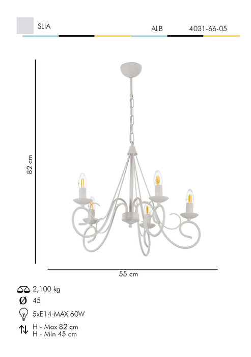 Lustra Moderna Slia Asi Home , 5xE14-60 W, Alb