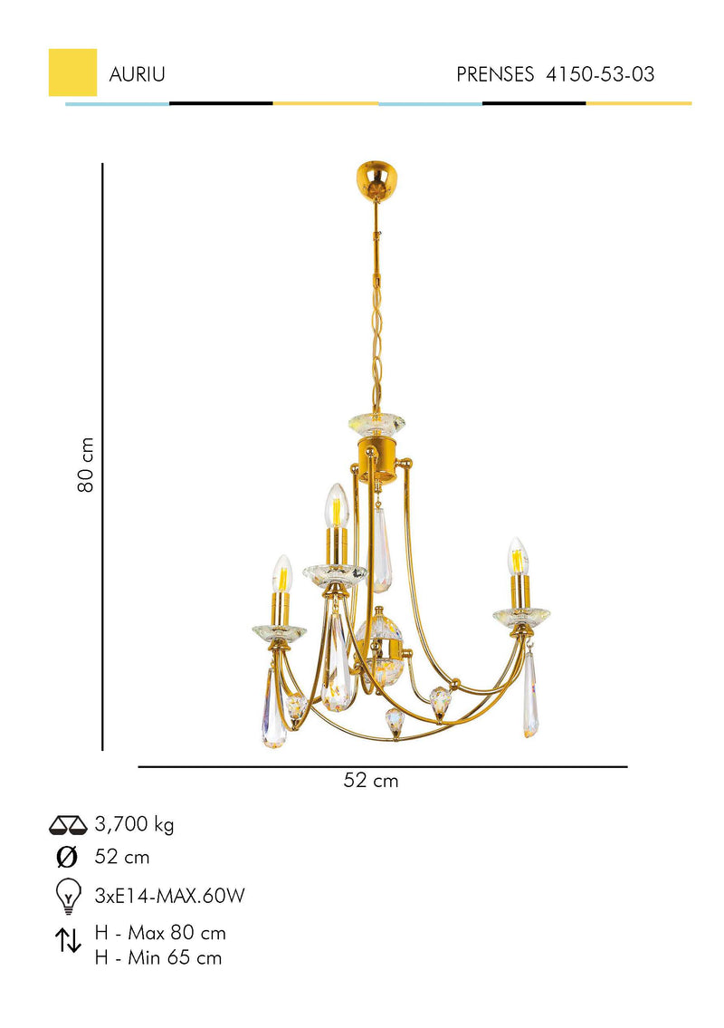 Lustra Cristal Prenses Asi Home , 3xE14-60 W, Auriu
