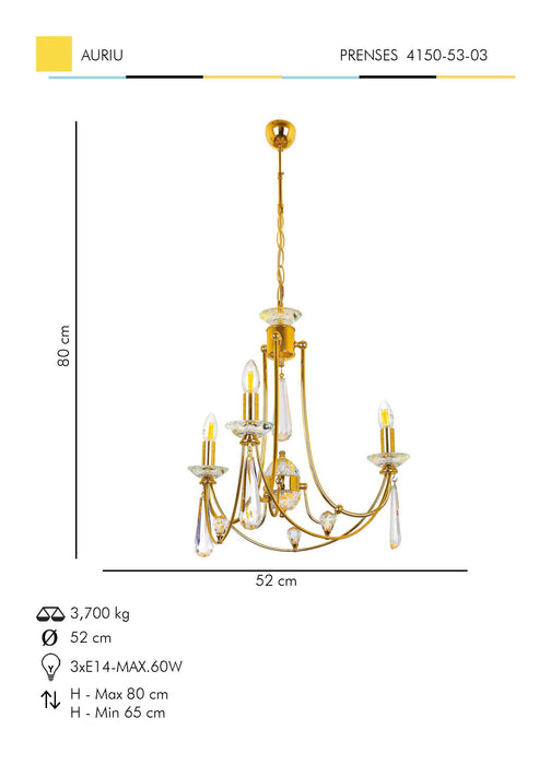 Lustra Cristal Prenses Asi Home , 3xE14-60 W, Auriu