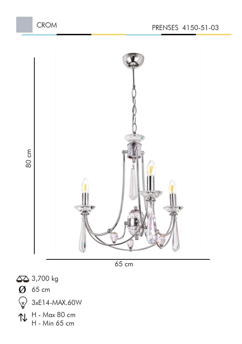 Lustra Cristal Prenses Asi Home , 3xE14-60 W, Crom