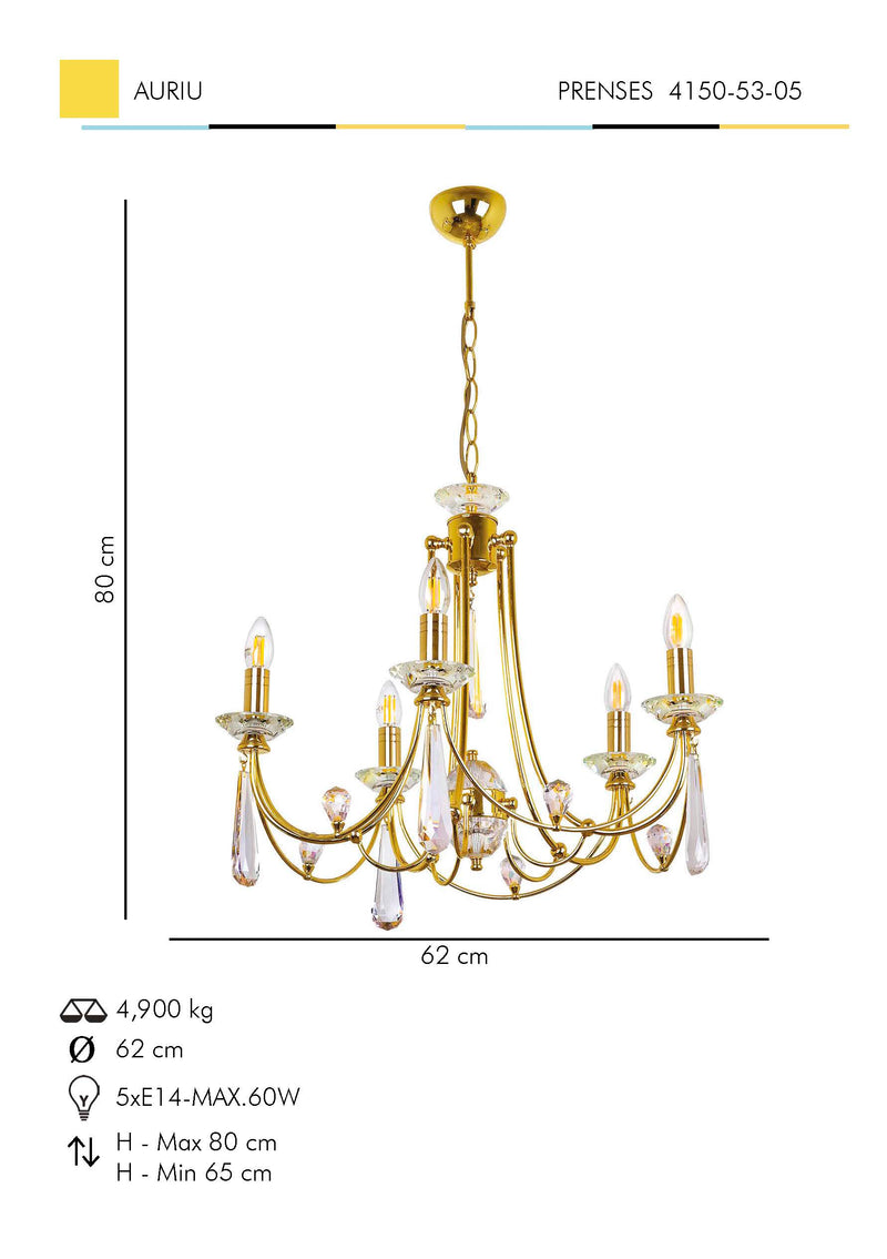 Lustra Cristal Prenses Asi Home , 5xE14-60 W, Auriu