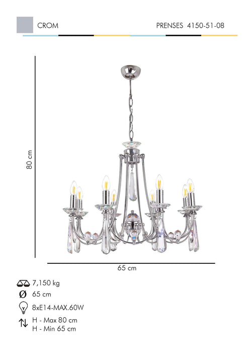 Lustra Cristal Prenses Asi Home , 8xE14-60 W, Crom