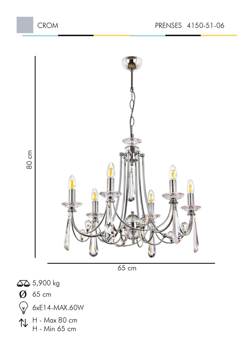 Lustra Cristal Prenses Asi Home , 6xE14-60 W, Crom