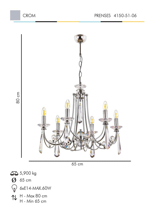 Lustra Cristal Prenses Asi Home , 6xE14-60 W, Crom